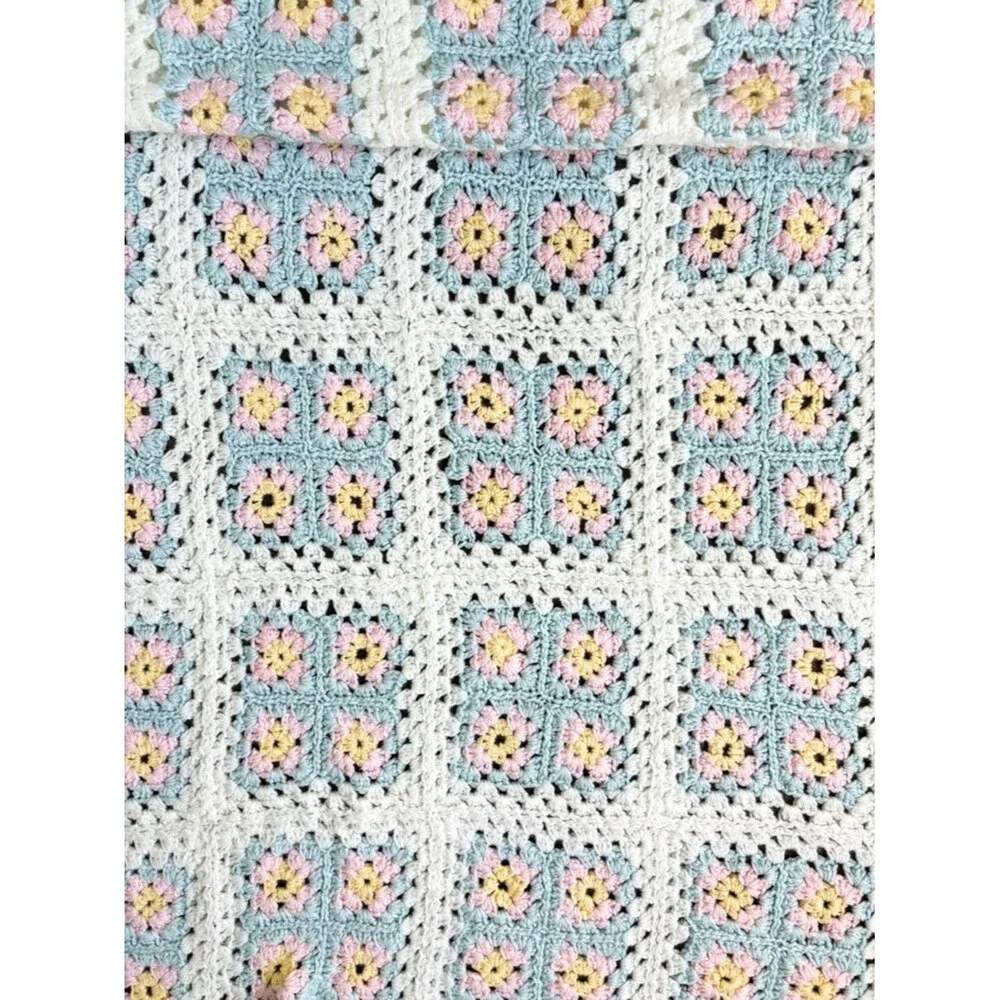 Vintage Crochet Granny Square Blanket Pastel Floral Throw 58x42